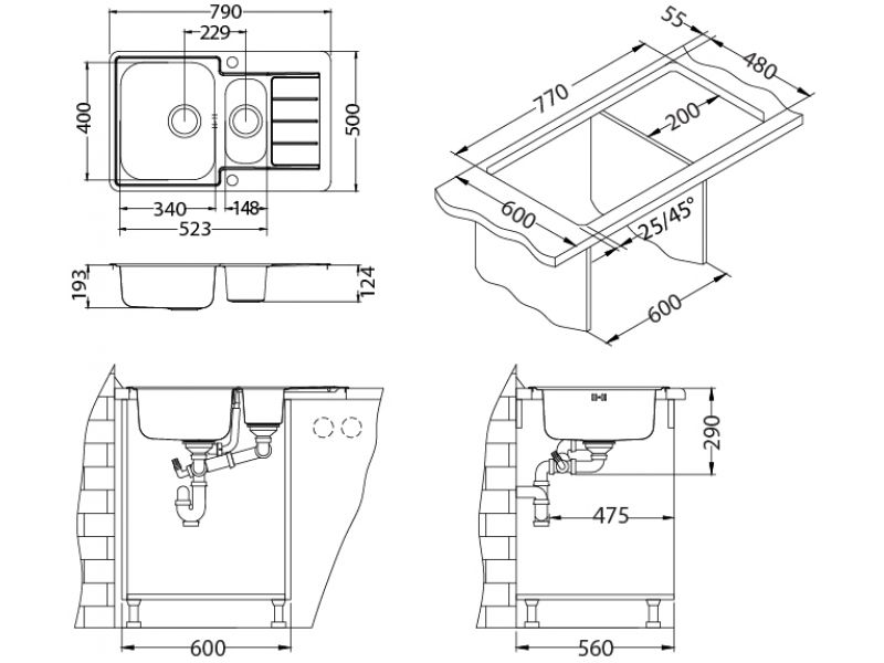 Мойка для кухни Alveus LINE MAXIM 70 SAT 90 в комплекте с сифоном 79,5х50,5 см ФОТО