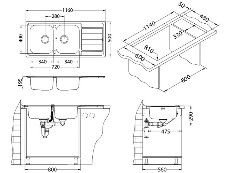 Мойка для кухни Alveus LINE MAXIM 100 SAT-90 в комплекте с сифоном 116,5х50,5 см ФОТО
