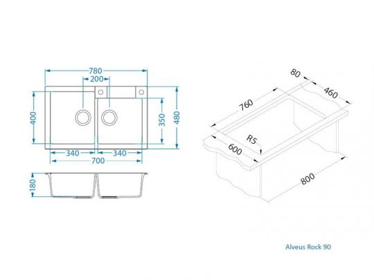Мойка для кухни Alveus ROCK 90 GRANITAL с сифоном 78х48х18 см схема 8