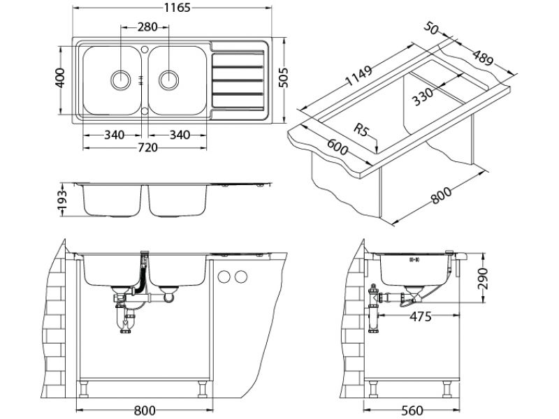 Мойка для кухни Alveus LINE MAXIM 100 SAT 90 с FS в комплекте с сифоном 116,5х50,5 см ФОТО