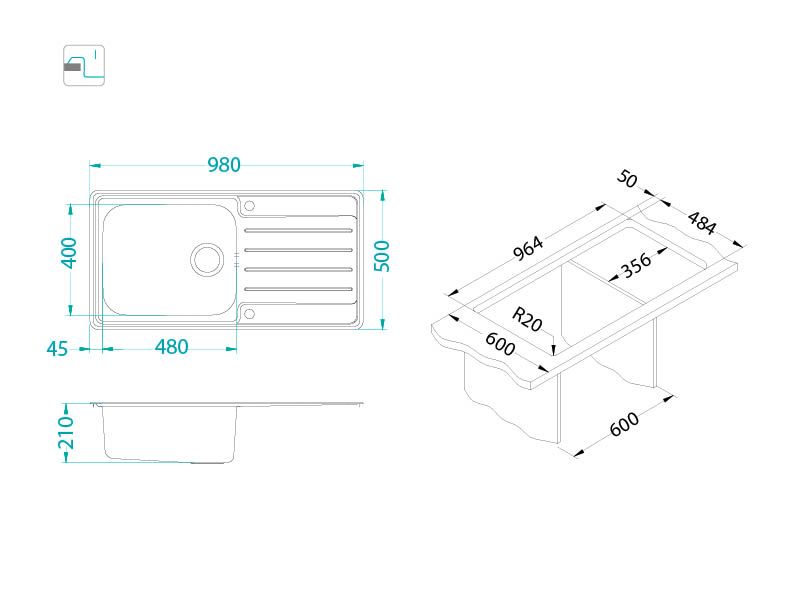 Мойка для кухни Alveus PRAKTIK 100-LEI в комплекте с сифоном 98х50 см ФОТО