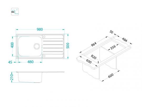 Мойка для кухни Alveus PRAKTIK 100-LEI в комплекте с сифоном 98х50 см схема 3