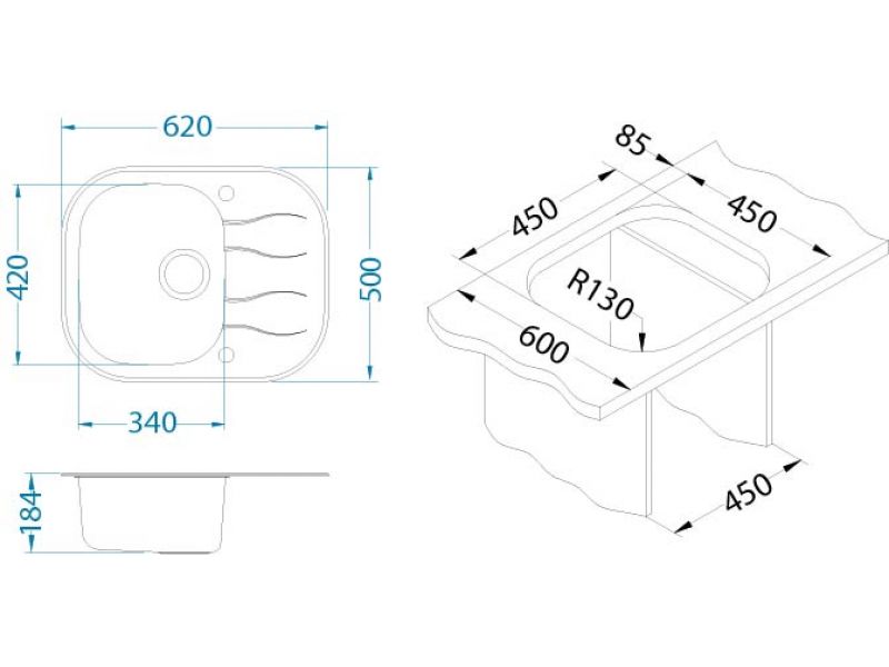 Мойка для кухни Alveus WAVE 10 в комплекте с сифоном 62х50 см ФОТО