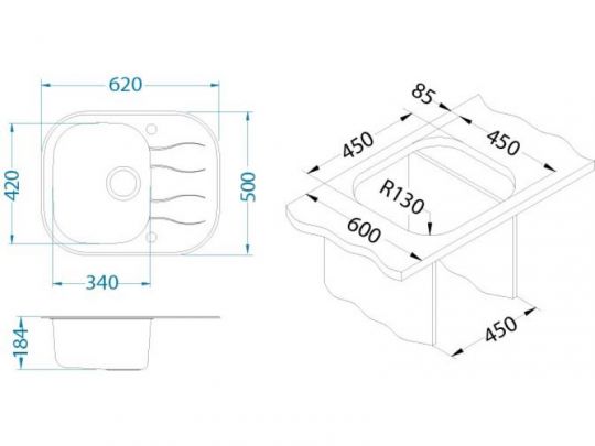 Мойка для кухни Alveus WAVE 10 в комплекте с сифоном 62х50 см схема 3