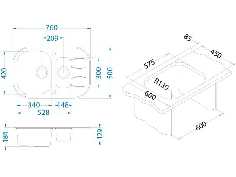 Мойка для кухни Alveus WAVE 30 1+1/2 в комплекте с сифоном 76х50 см ФОТО