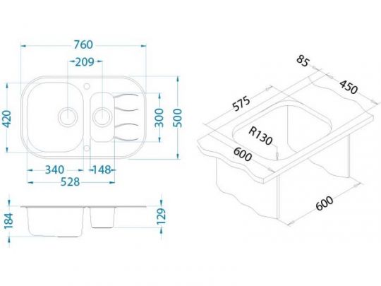 Мойка для кухни Alveus WAVE 30 1+1/2 в комплекте с сифоном 76х50 см схема 3