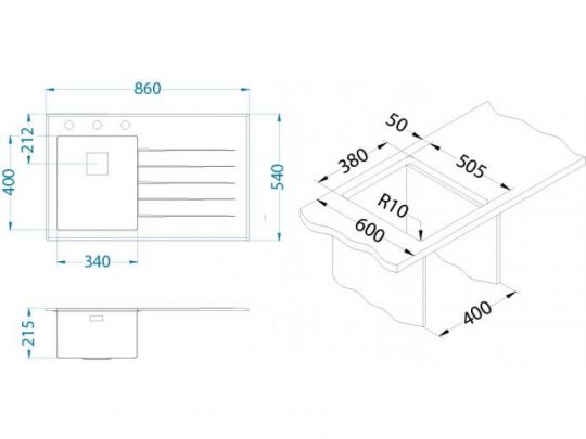Мойка для кухни Alveus CRYSTALIX 10 левая с сифоном дозатором коландером 86х54 см схема 2