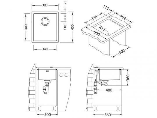 Мойка для кухни Alveus QUADRIX MONARCH 20 с выпуском без сифона 39х45х20 см схема 9
