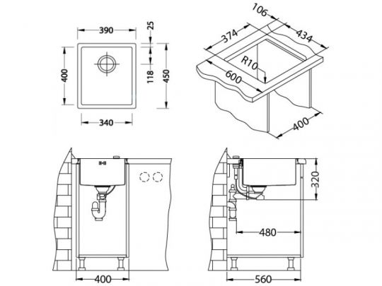 Мойка для кухни Alveus QUADRIX MONARCH 20 с выпуском без сифона 39х45х20 см схема 10