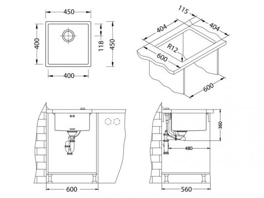 Мойка для кухни Alveus QUADRIX MONARCH 30 с выпуском без сифона 45х45х20 см схема 13