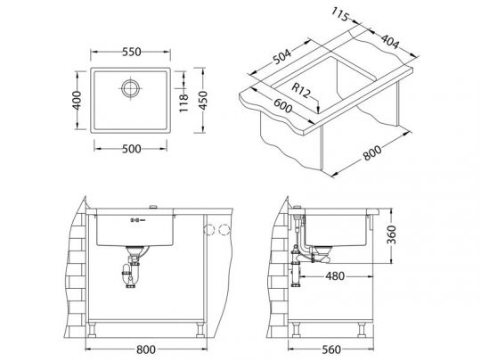 Мойка для кухни Alveus QUADRIX MONARCH 50 с выпуском без сифона 55х45х20 см схема 10