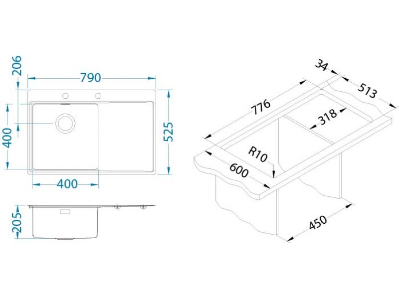 Мойка для кухни Alveus PURE 40R KMB 90 правая в ком. с сифоном 79х52,5 см ФОТО