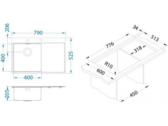 Мойка для кухни Alveus PURE 40R KMB 90 правая в ком. с сифоном 79х52,5 см схема 2
