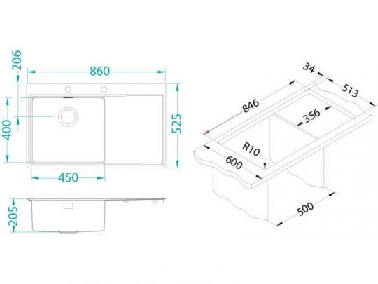 Мойка для кухни Alveus PURE 50L KMB-90 левая в комплекте с сифоном 86х52,5 см схема 7