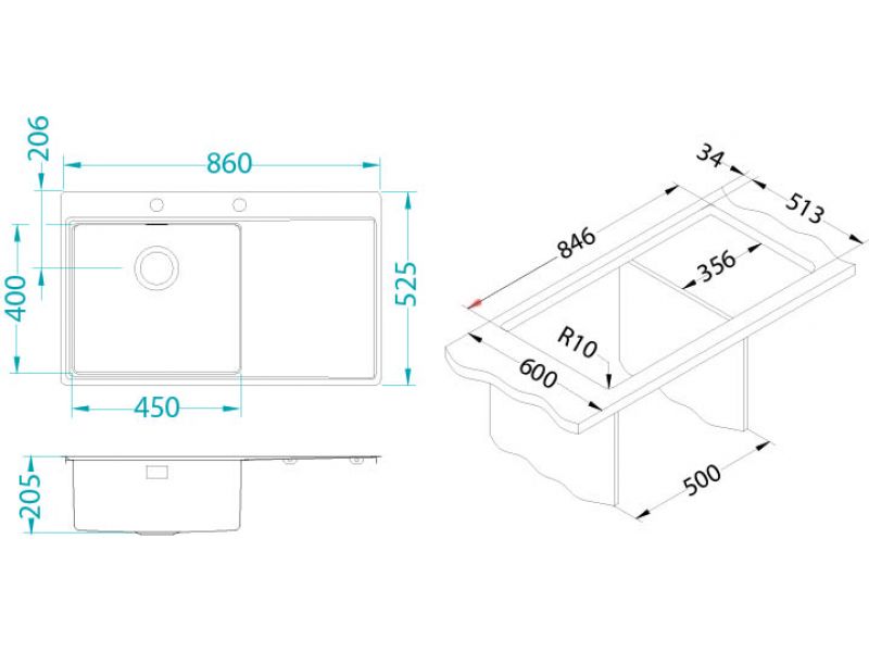 Мойка для кухни Alveus PURE 50R KMB-90 правая в комплекте с сифоном 86х52,5 см ФОТО