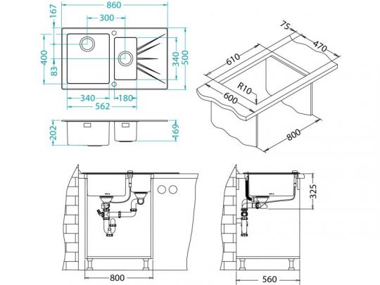 Мойка для кухни Alveus KARAT 20 1+1/2 правая в комплекте с сифоном 86х50 см схема 3