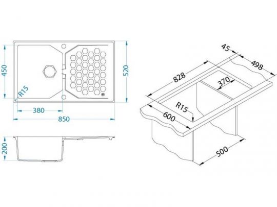 Мойка для кухни Alveus SENSUAL 30 GRANITAL+ с сифоном 85х52х20 см схема 8