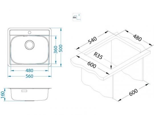 Мойка для кухни Alveus MORE 10 NAT-90 56х50 см в комплекте с сифоном схема 3