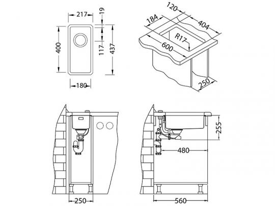Мойка для кухни Alveus KOMBINO 10 MONARCH SAT-90 U с выпуском без сифона 21,7х43,7х14 см схема 5