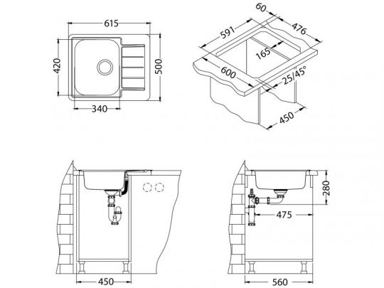 Мойка для кухни Alveus LINE 110 NAT 90 FI в комплекте с сифоном 61,5х50 см схема 3
