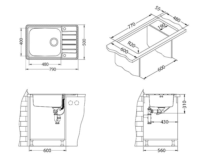 Мойка для кухни Alveus PRAKTIK 120 SAT-90 в комплекте с сифоном 79х50 см ФОТО
