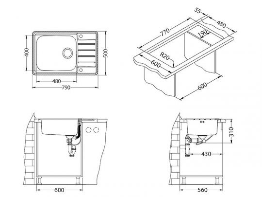 Мойка для кухни Alveus PRAKTIK 120 SAT-90 в комплекте с сифоном 79х50 см схема 6 Мойка для кухни Alveus PRAKTIK 120 SAT-90 в комплекте с сифоном 79х50 см схема 6
