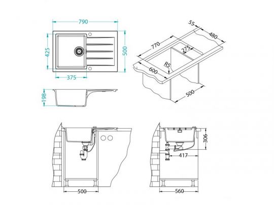 Мойка для кухни Alveus GRANITAL CADIT 20 в комплекте с сифоном 79х50 см схема 13