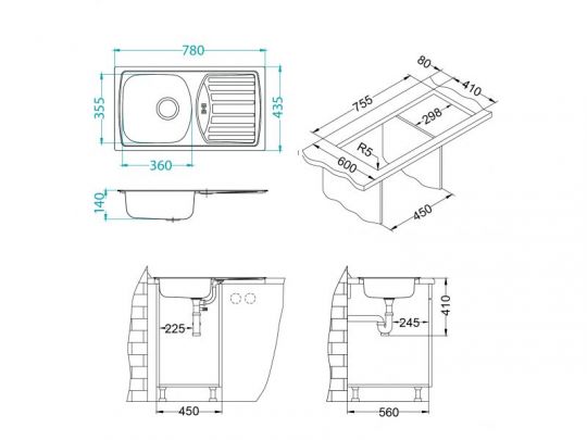 Мойка для кухни Alveus BASIC 150 NAT-90 NEW в комплекте с сифоном 78х43,5 см схема 4