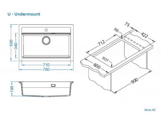 Мойка для кухни Alveus GRANITAL ATROX 40 в комплекте с сифоном 79х50 см схема 21