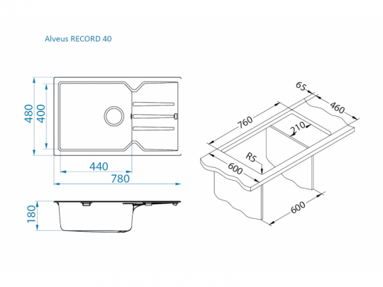 Мойка для кухни Alveus GRANITAL RECORD 40 в комплекте с сифоном 78х48 см схема 7