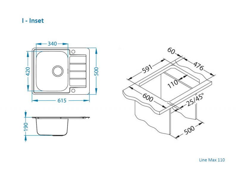 Мойка для кухни Alveus LINE MAX 110 SAT-90 в комплекте с сифоном 61х50 см ФОТО
