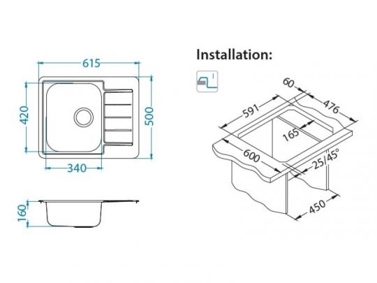 Мойка для кухни Alveus LINE MONARCH в комплекте с выпуском и сифоном 61х50 см схема 7