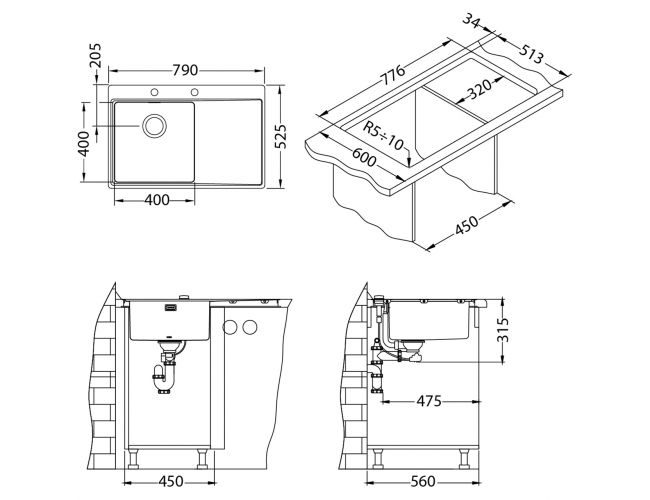 Мойка для кухни Alveus PURE 40L new KMB-90 левая в комплекте с сифоном 79х52,5 см ФОТО