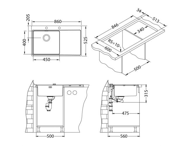 Мойка для кухни Alveus PURE 50R new KMB-90 правая в комплекте с сифоном 86х52,5 см ФОТО
