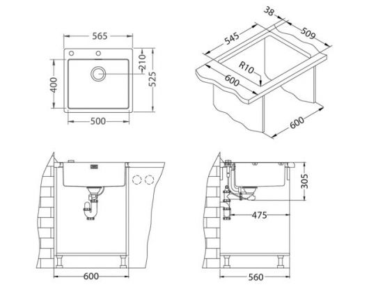 Мойка для кухни Alveus PURE 70 new KMB-90 в комплекте с сифоном 56,5х52,5 см схема 2