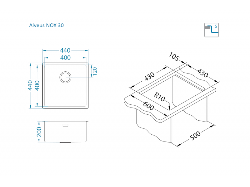 Мойка для кухни Alveus NOX 30 BRS в комплекте с интегрированным сифоном 44х44х20 см ФОТО