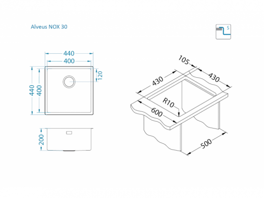 Мойка для кухни Alveus NOX 30 BRS в комплекте с интегрированным сифоном 44х44х20 см схема 4