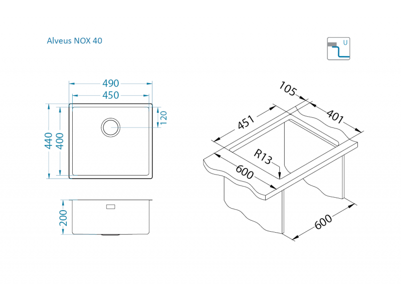 Мойка для кухни Alveus NOX 40 BRS с интегрированным сифоном 49х44х20 см ФОТО