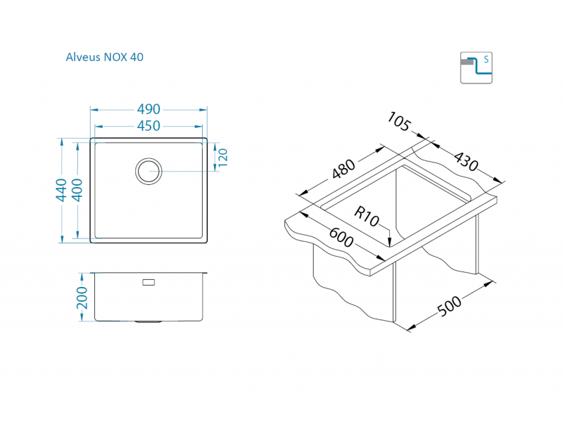Мойка для кухни Alveus NOX 40 BRS с интегрированным сифоном 49х44х20 см ФОТО
