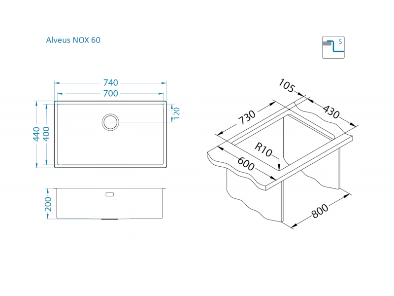 Мойка для кухни Alveus NOX 60 BRS с интегрированным сифоном 74х44х20 см ФОТО