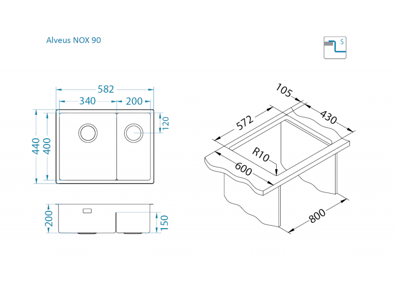 Мойка для кухни Alveus NOX 90L BRS левая в комплекте с интегрированным сифоном 58,2х44х20 см ФОТО