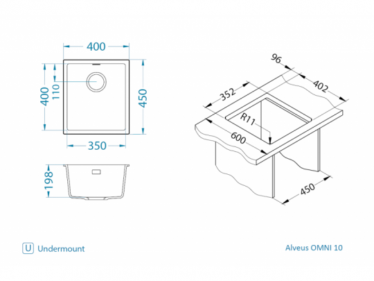 Мойка для кухни Alveus OMNI 10 GRANITAL с сифоном 40х45х19,8 см схема 16