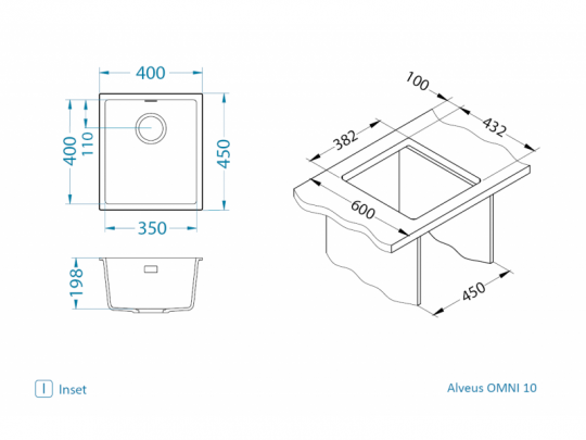 Мойка для кухни Alveus OMNI 10 GRANITAL с сифоном 40х45х19,8 см схема 17