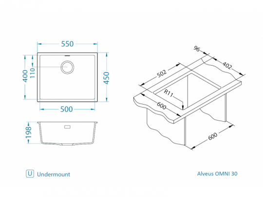 Мойка для кухни Alveus OMNI 30 GRANITAL с сифоном 55х45х19,8 см схема 16