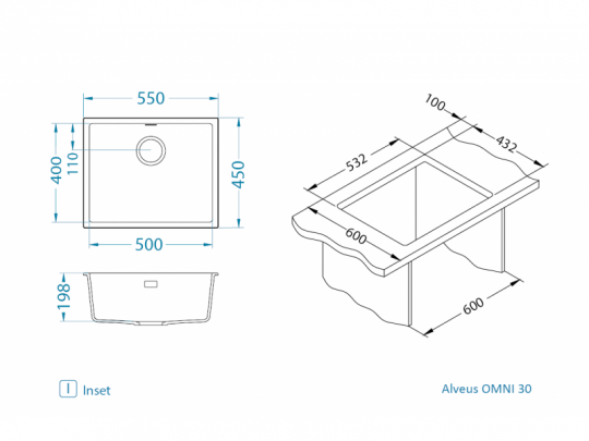 Мойка для кухни Alveus OMNI 30 GRANITAL с сифоном 55х45х19,8 см схема 17
