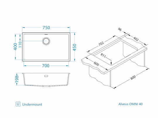 Мойка для кухни Alveus OMNI 40 GRANITAL 75х45х19,8 с сифоном схема 19