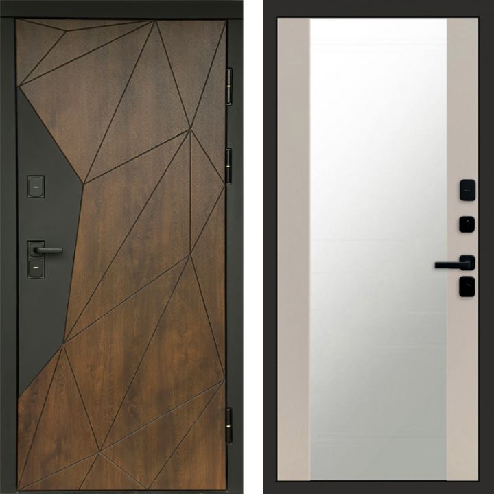 Входная дверь Termo-door Премиум винорит Геометрия Дуб с терморазрывом - Зеркало Слоновая кость