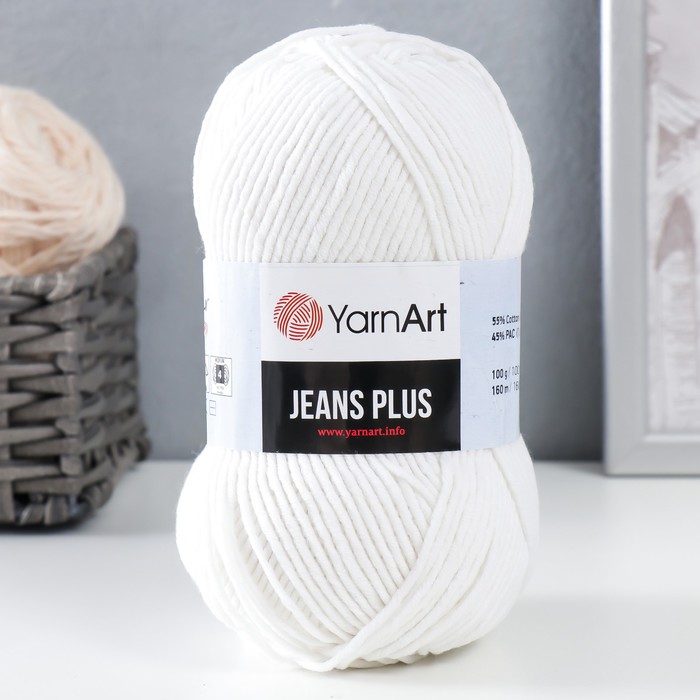 Пряжа для вязания спицами, крючком YarnArt, Jeans plus, 55% хлопок, 45% акрил, 160 м/100 г, (01 белый)