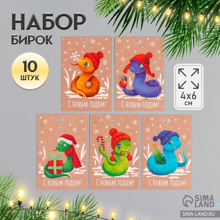 Набор бирок для подарков, цветов «Змейки», картон крафт, 10 шт. (5 видов), 4?6 см