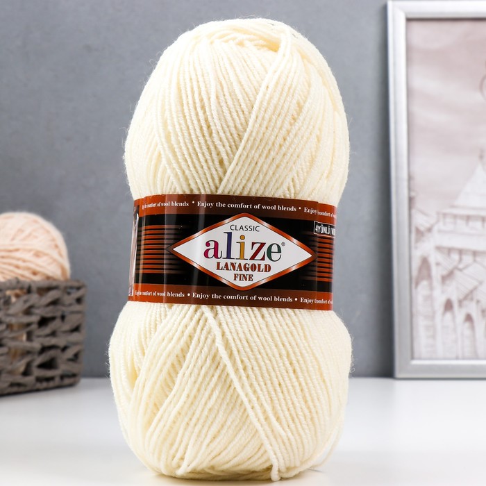 Пряжа для вязания спицами, крючком ALIZE, Lanagold fine, 49% шерсть, 51% акрил, 390 м/100 г, (62 молочный)